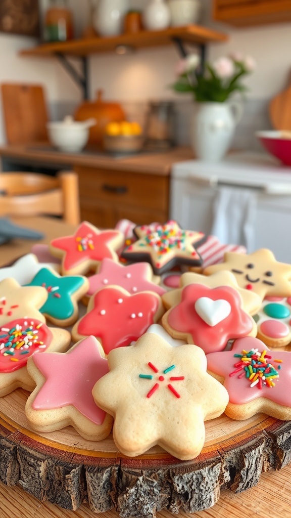 An array of decorated cookies in various shapes with colorful icing and sprinkles on a wooden platter.